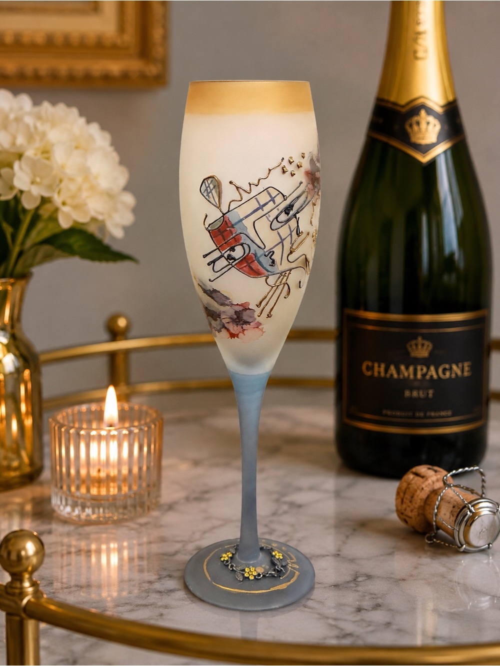 Vintage Frosted Art Glass Champagne Flute Hand Painted Abstract Gold Trim